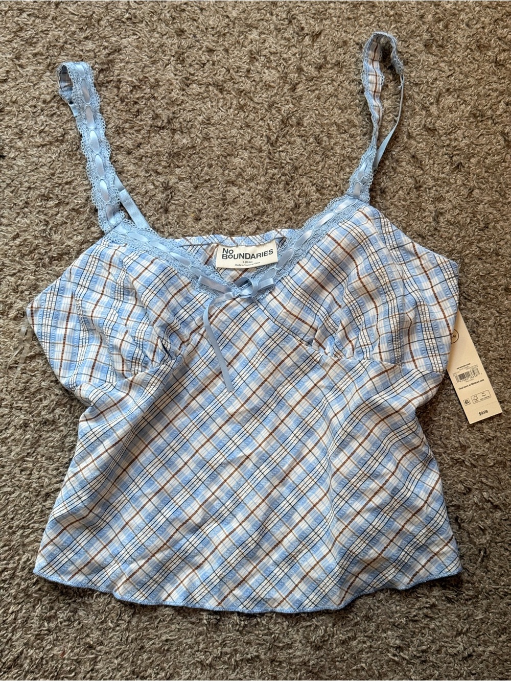 No Boundaries Light Blue Plaid Lace-Trim Cami